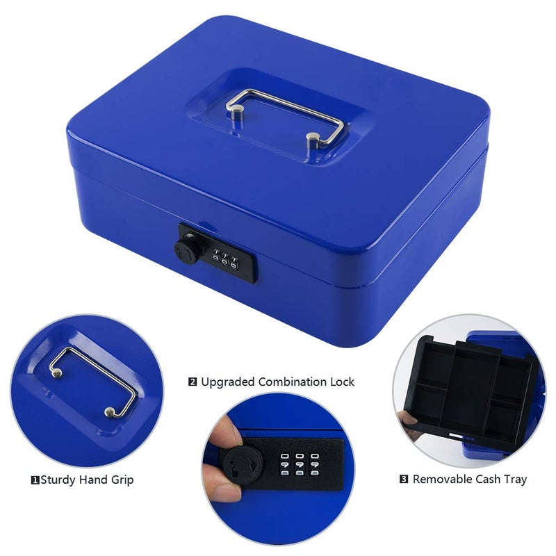 KYODOLED Large Cash Box with Combination Lock,Safe Metal Box for Money, Storage Lock Box with Money Tray,9.84"x 7.87"x 3.54" Blue Large - Image 2